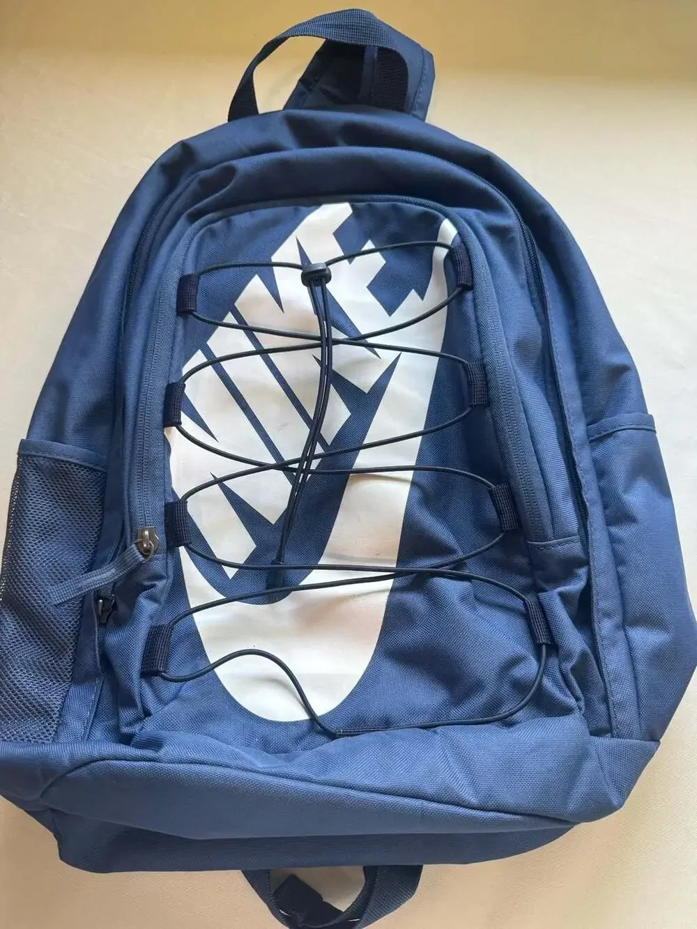 Nike Hayward Navy Blue Backpack Oversized Logo Bungee School Travel Sport Bag
